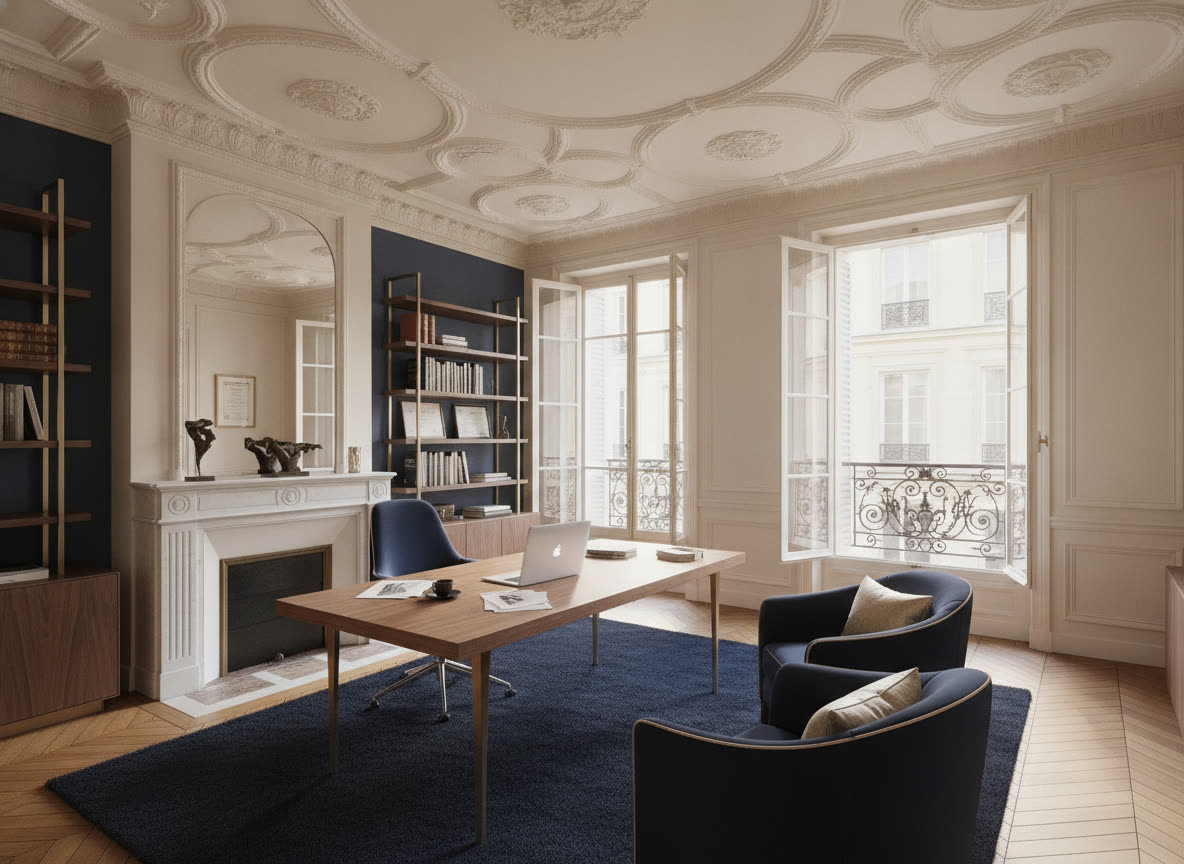 Bureau haussmannien aux moulures ouvragées, mobilier bleu nuit et bois clair
