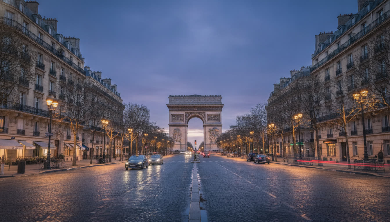 L'Arc de Triomphe à l'heure bleue, vu depuis l'avenue de Friedland
